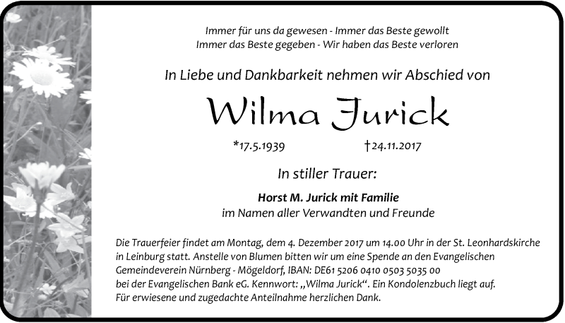  Traueranzeige für Wilma Jurick vom 02.12.2017 aus Der Bote