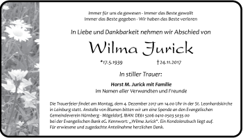 Traueranzeige von Wilma Jurick von Der Bote