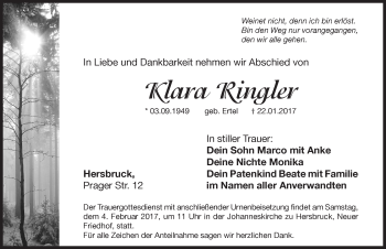 Traueranzeige von Klara Ringler von Hersbrucker Zeitung