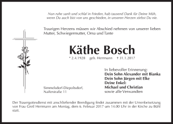 Traueranzeige von Käthe Bosch von Pegnitz-Zeitung