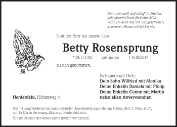 Traueranzeige von Betty Rosensprung von Hersbrucker Zeitung