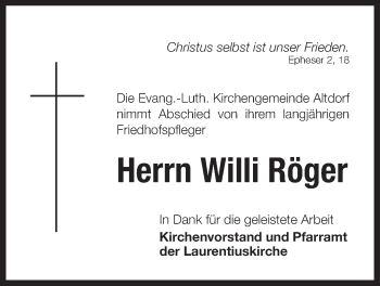 Traueranzeige von Willi Röger von Der Bote