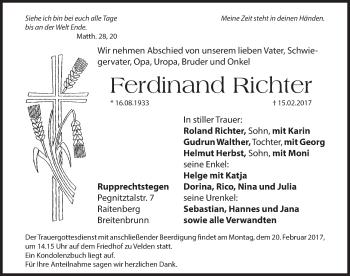 Traueranzeige von Ferdinand Richter von Hersbrucker Zeitung