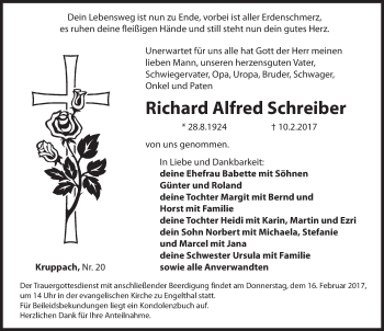 Traueranzeige von Richard Alfred Schreiber von Hersbrucker Zeitung