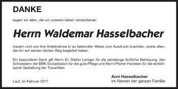 Traueranzeige von Waldemar Hasselbacher von Pegnitz-Zeitung