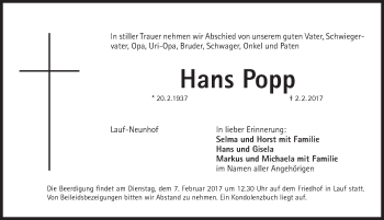 Traueranzeige von Hans Popp von Pegnitz-Zeitung