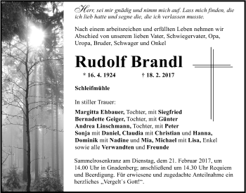 Traueranzeige von Rudolf Brandl von Der Bote