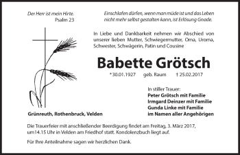 Traueranzeige von Babette Grötsch von Hersbrucker Zeitung