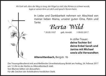Traueranzeige von Berta Wild von Hersbrucker Zeitung