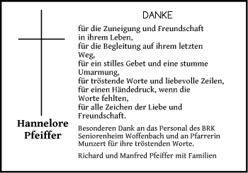 Traueranzeige von Hannelore Pfeiffer von Der Bote