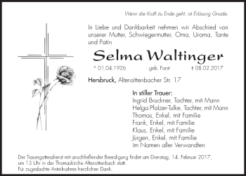 Traueranzeige von Selma Waltinger von Hersbrucker Zeitung