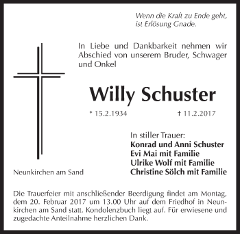 Traueranzeige von Willy Schuster von Pegnitz-Zeitung