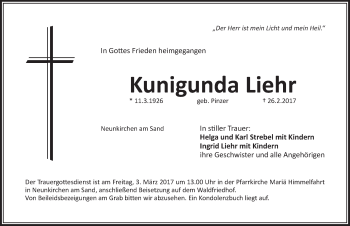 Traueranzeige von Kunigunda Liehr von Pegnitz-Zeitung