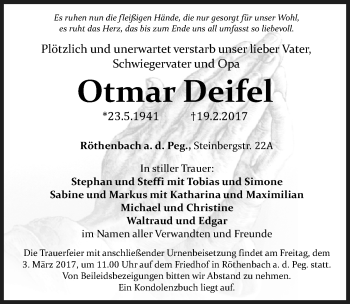 Traueranzeige von Otmar Deifel von Pegnitz-Zeitung