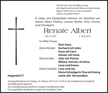 Traueranzeige von Renate Albert von Hersbrucker Zeitung