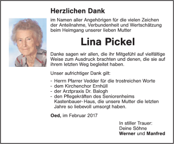 Traueranzeige von Lina Pickel von Hersbrucker Zeitung
