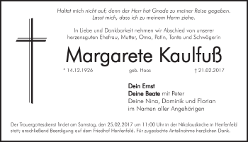 Traueranzeige von Margarete Kaulfuß von Hersbrucker Zeitung
