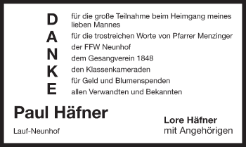 Traueranzeige von Paul Häfner von Pegnitz-Zeitung