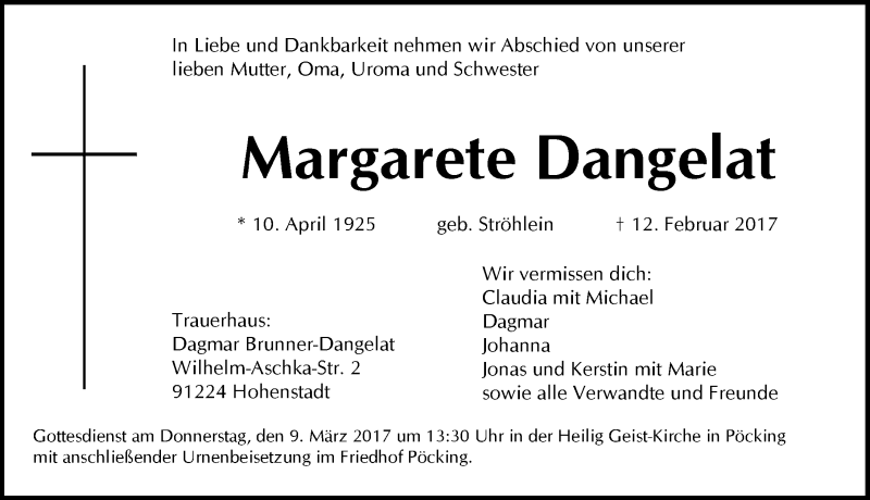  Traueranzeige für Margarete Dangelat vom 18.02.2017 aus Hersbrucker Zeitung