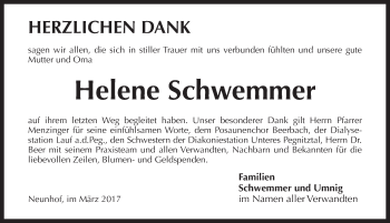 Traueranzeige von Helene Schwemmer von Pegnitz-Zeitung