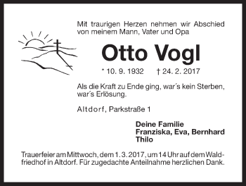 Traueranzeige von Otto Vogl von Der Bote