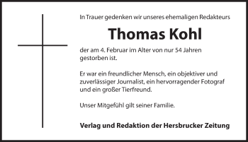 Traueranzeige von Thomas Kohl von Hersbrucker Zeitung