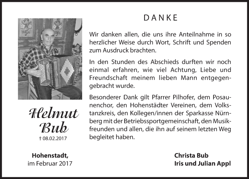  Traueranzeige für Helmut Bub vom 25.02.2017 aus Hersbrucker Zeitung