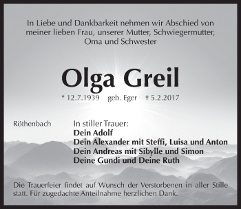 Traueranzeige von Olga Greil von Pegnitz-Zeitung