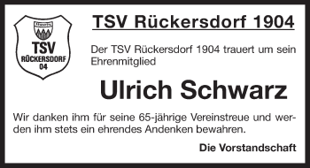 Traueranzeige von Ulrich Schwarz von Pegnitz-Zeitung