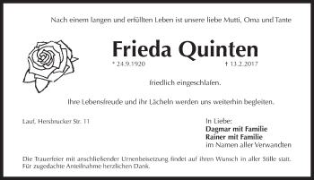 Traueranzeige von Frieda Quinten von Pegnitz-Zeitung