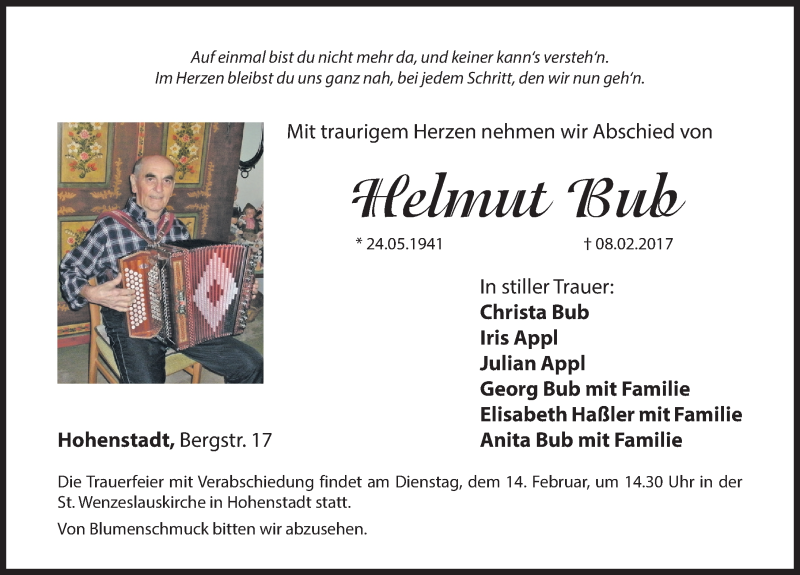  Traueranzeige für Helmut Bub vom 11.02.2017 aus Hersbrucker Zeitung