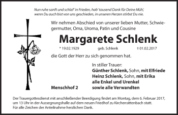 Traueranzeige von Margarete Schlenk von Hersbrucker Zeitung