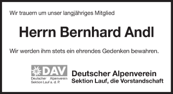 Traueranzeige von Bernhard Andl von Pegnitz-Zeitung