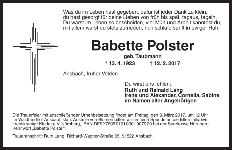  Traueranzeige für Babette Polster vom 25.02.2017 aus Hersbrucker Zeitung