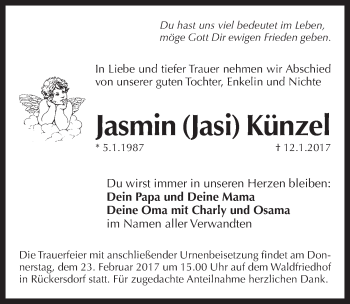 Traueranzeige von Jasmin Künzel von Pegnitz-Zeitung