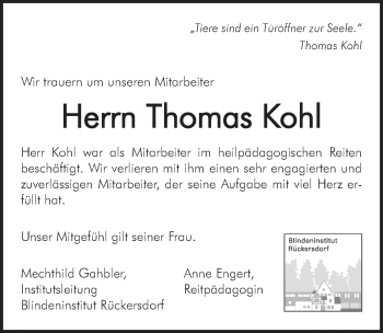 Traueranzeige von Thomas Kohl von Pegnitz-Zeitung