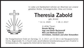 Traueranzeige von Theresia Zabold von Der Bote