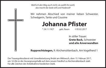 Traueranzeige von Johanna Pfister von Hersbrucker Zeitung