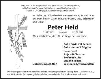 Traueranzeige von Peter Held von Hersbrucker Zeitung