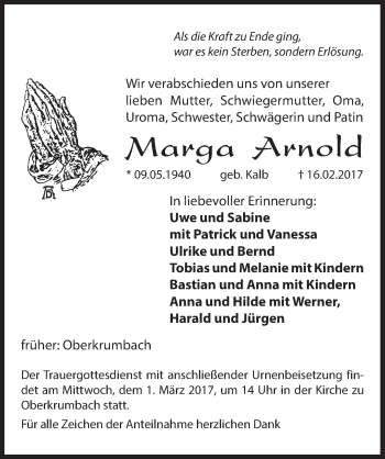 Traueranzeige von Marga Arnold von Hersbrucker Zeitung