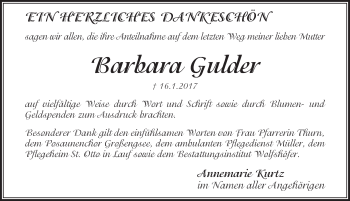 Traueranzeige von Barbara Gulder von Pegnitz-Zeitung