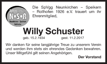 Traueranzeige von Willy Schuster von Pegnitz-Zeitung