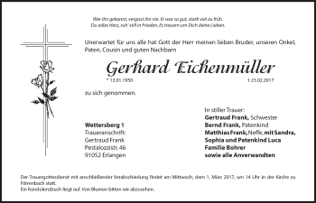 Traueranzeige von Gerhard Eichenmüller von Hersbrucker Zeitung