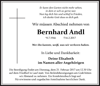 Traueranzeige von Bernhard Andl von Pegnitz-Zeitung