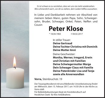 Traueranzeige von Peter Klose von Hersbrucker Zeitung