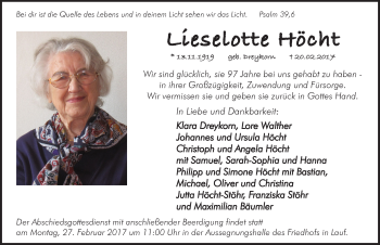 Traueranzeige von Lieselotte Hoecht von Pegnitz-Zeitung