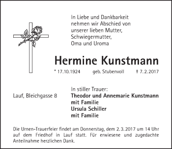 Traueranzeige von Hermine Kunstmann von Pegnitz-Zeitung