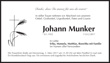 Traueranzeige von Johann Munker von Pegnitz-Zeitung