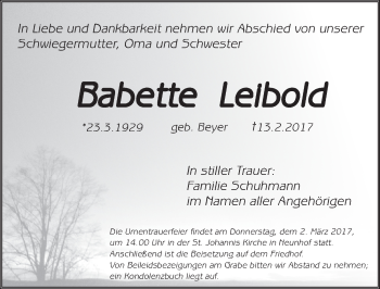 Traueranzeige von Babette Leibold von Pegnitz-Zeitung