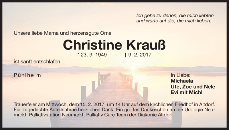  Traueranzeige für Christine Krauß vom 13.02.2017 aus Der Bote